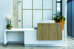 Concirege Desk and wall panelling, desk finsihed in White Corian with brushed effect stainless steel laminate kikc plinths and woodgrain feature boxes, wall paneeling behind to match finishes and hide access door