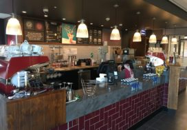 Costa Coffee counter with Corian worktops and tiled fronts as part of hospital works