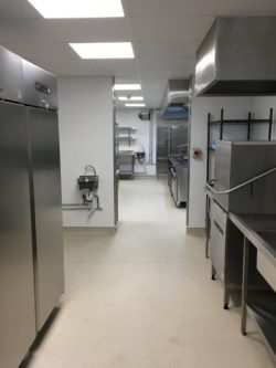 Kitchen fit out, white upvc, sheet vinyl flooring, suspended ceilings