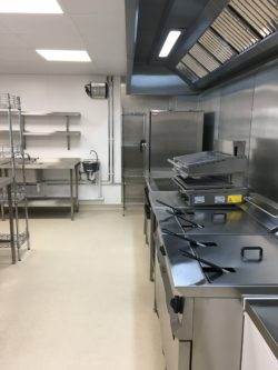 Kitchen fit out, white upvc, sheet vinyl flooring, suspended ceilings