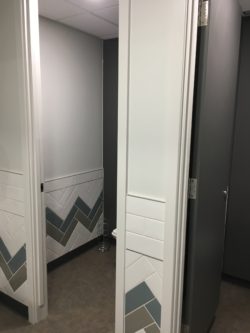 Toilets with feature wall tiling and laminated cubicle doors